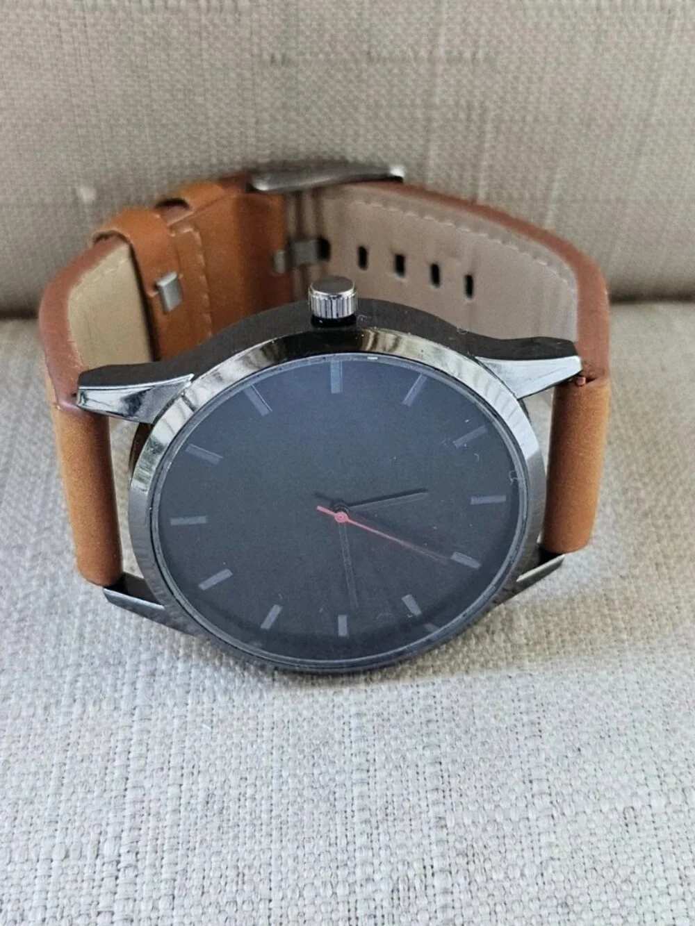 Fashion Men Wristwatch Brown Faux Leather Vegan Strap Quartz Black Face Watch